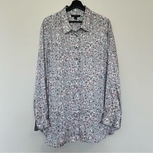 Banana Republic Gray with Pink Flowers Long Sleeve Satin Dillon Button Top SzXXL